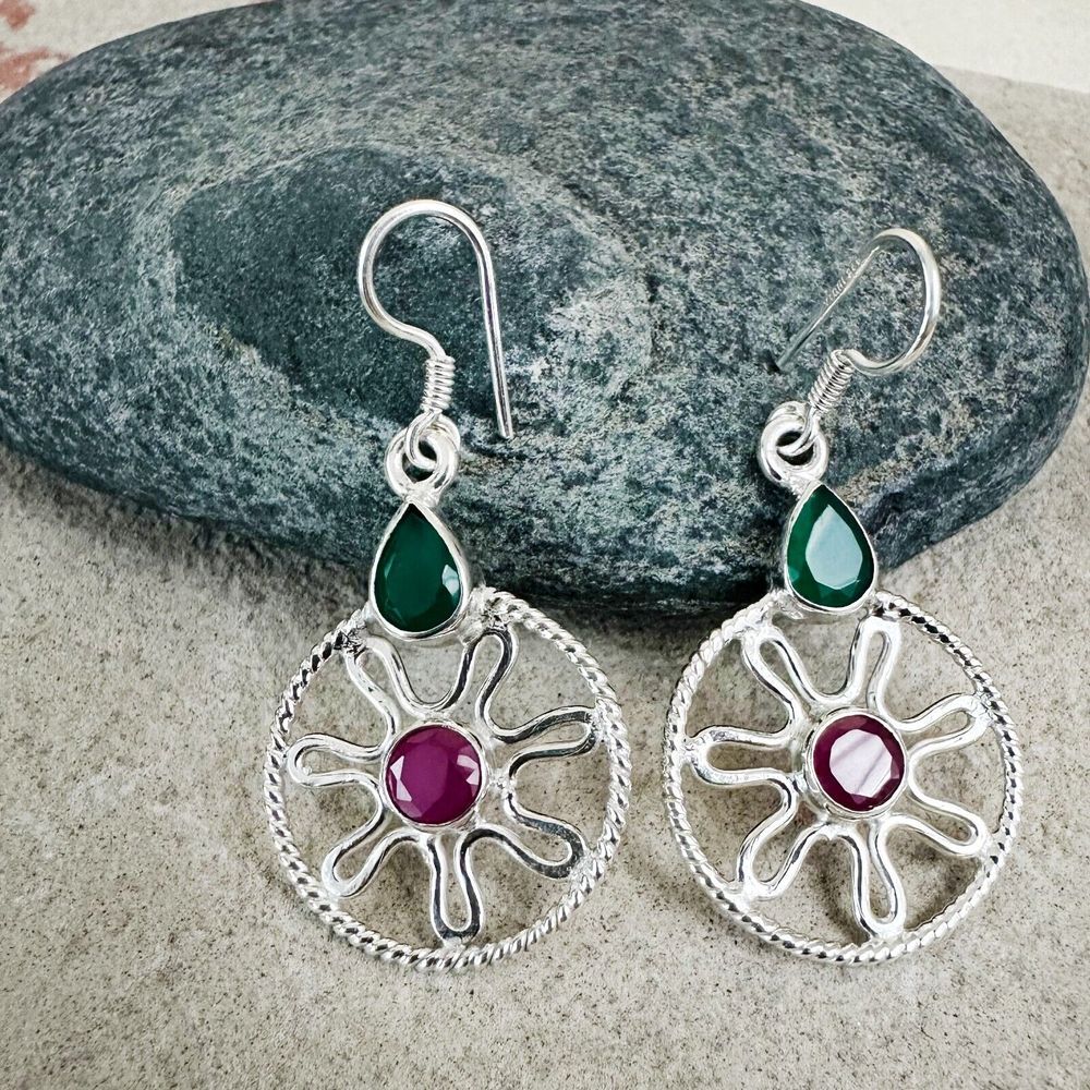 NEW 925 Sterling Silver Flower Ruby Emerald Drop Dangle‎ Silver Earrings Western